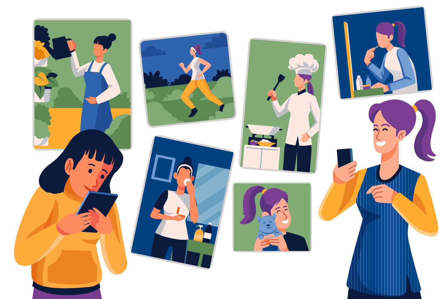 Social Network, due ragazze guardano i propri smartphone. Nello sfondo ci sono diversi riquadri raffiguranti delle attività condivise sui social